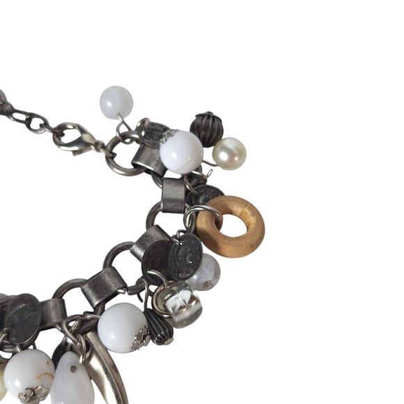 Vintage Charm Bracelet Mixed Material Wood Metal Faux Pearls Eclectic Boho Style - Picture 2 of 5